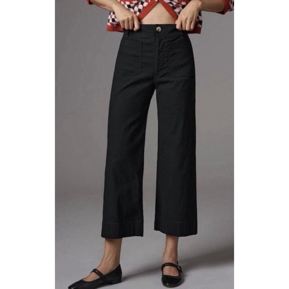 MAEVE Anthropologie The Colette Crop Wide Leg Black Pants 31P Linen Blend Casual